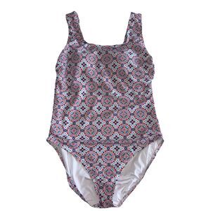 Lands' End One Piece Swimsuit Size Medium 10-12 Blue Orange Medallion Print